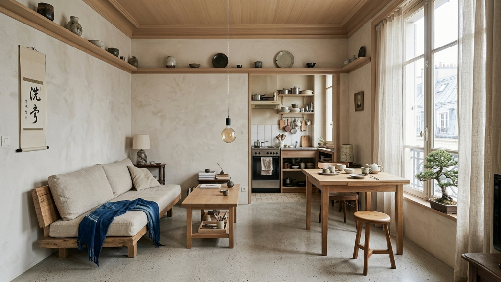 Serene Parisian Japandi studio with lime-washed walls, oak millwork, linen daybed, and hanging calligraphy scroll