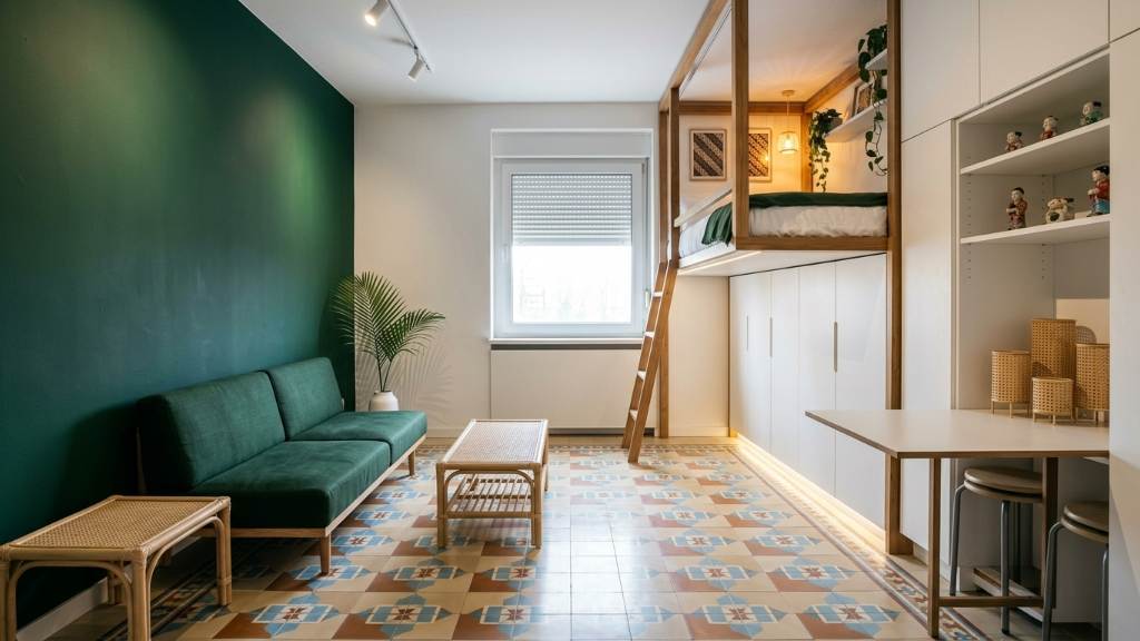 Compact lofted studio with forest green wall, loft bed above white wardrobes, encaustic tile floor, and writing desk