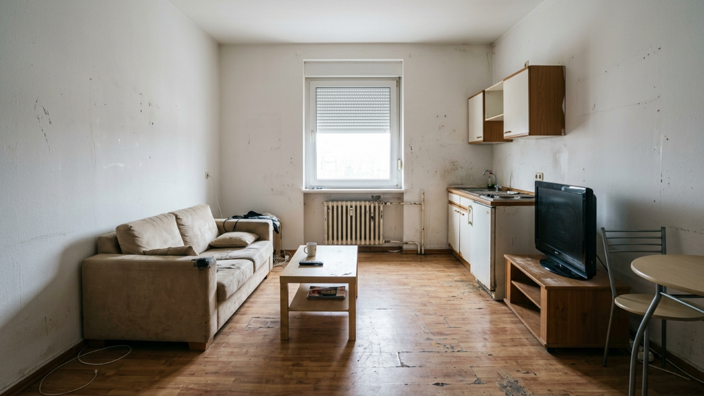 Derelict empty apartment with stained beige sofa, scuffed wood floor, and dated kitchenette with TV