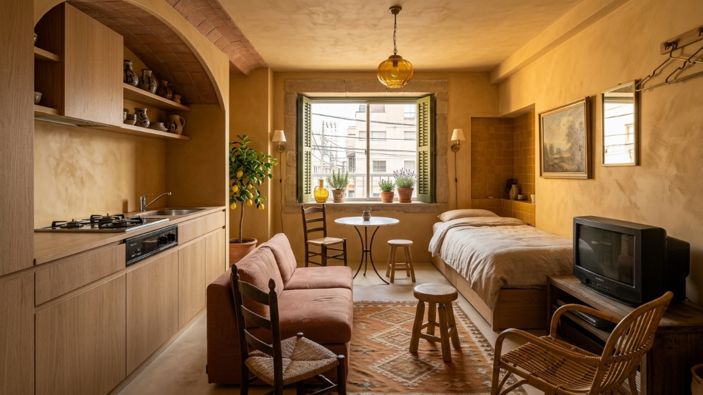 Warm Mediterranean studio with plaster walls, oak kitchen, and curated vintage furnishings