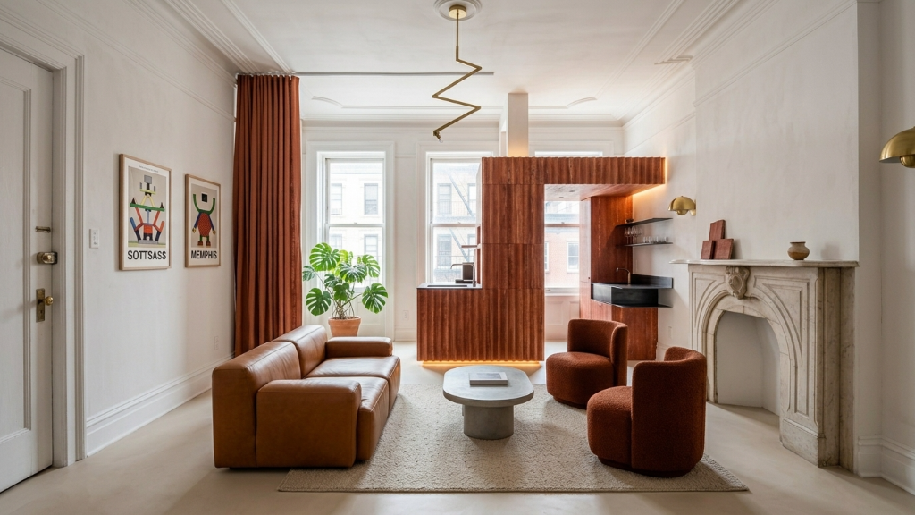 Postmodern studio with fluted terracotta kitchen volume, cognac leather sofa, and Memphis-style art