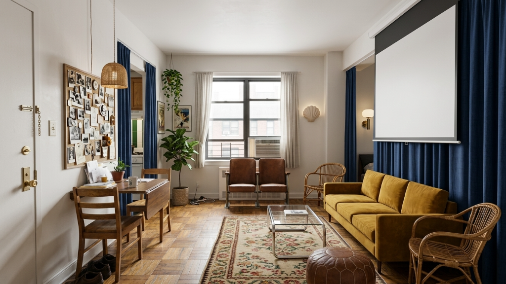 Eclectic walk-up studio with mustard velvet sofa, blue velvet drapes, gallery pinboard, and vintage rug