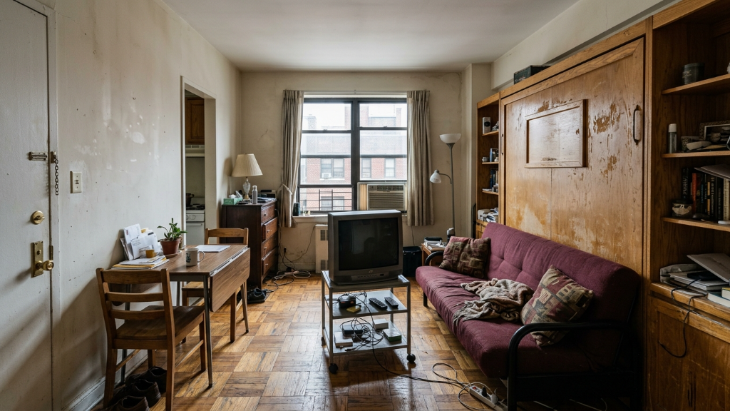 Cluttered prewar walk-up studio with CRT TV, drop-leaf table, battered Murphy bed cabinet, and worn parquet