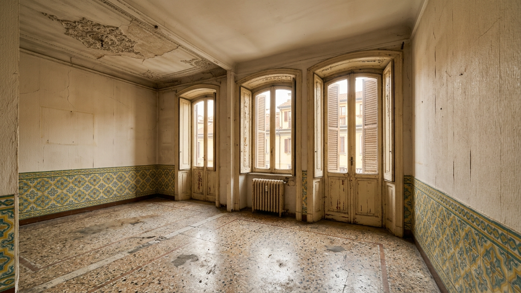 Faded Italian palazzo room with peeling frescoed ceiling, azulejo dado tiles, distressed terrazzo floor, and tall shuttered French windows