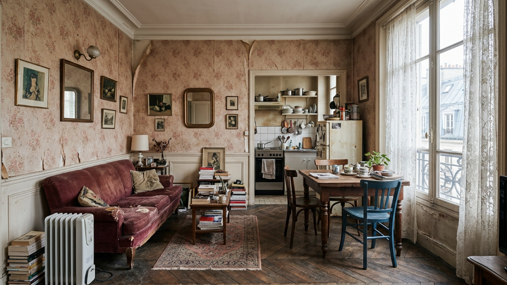 Worn Parisian studio apartment with faded floral wallpaper, burgundy velvet sofa, and cluttered bookshelves