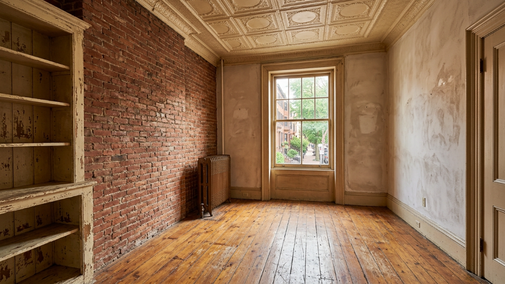 Raw prewar brownstone parlor with exposed brick wall, pressed-tin ceiling, distressed shelving, and tall window