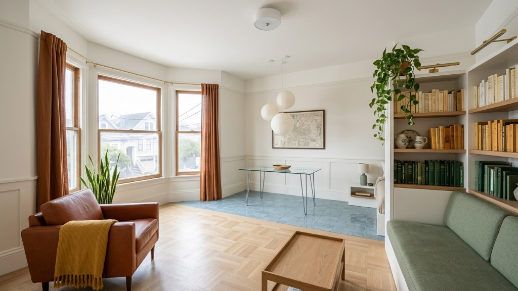 Light-filled Victorian scholar's studio with parquet floor, built-in bookshelves, glass desk, and green linen daybed