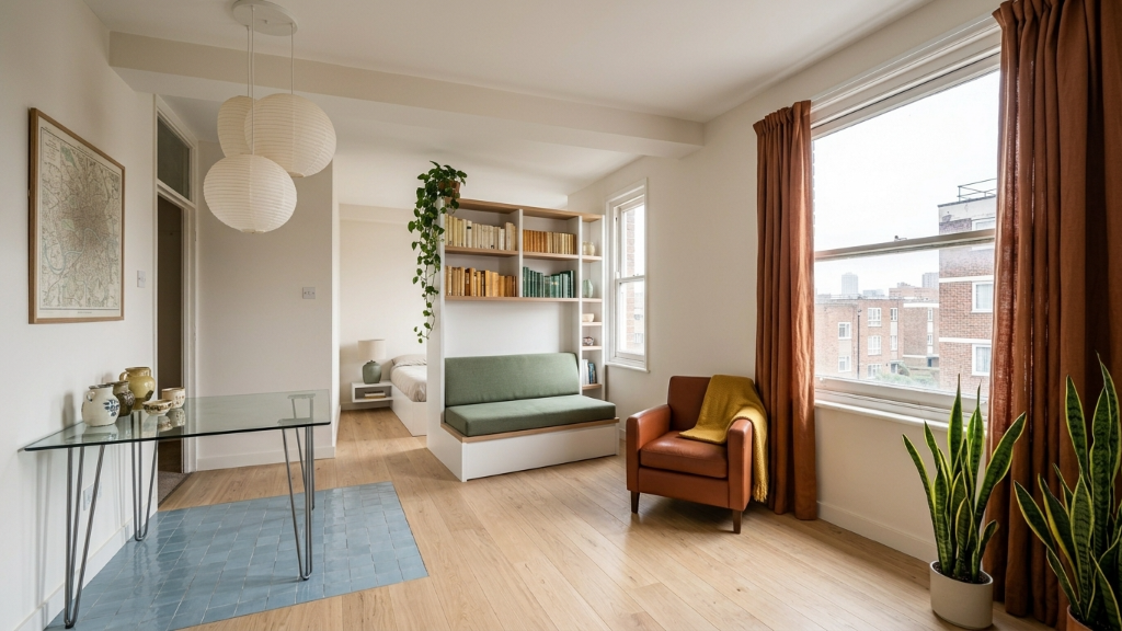 Bright minimalist studio with paper lantern pendants, sage daybed, terracotta curtains, and glass desk