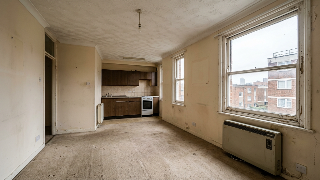 Derelict beige bedsit with brown laminate kitchenette, stained carpet, and water-stained ceiling