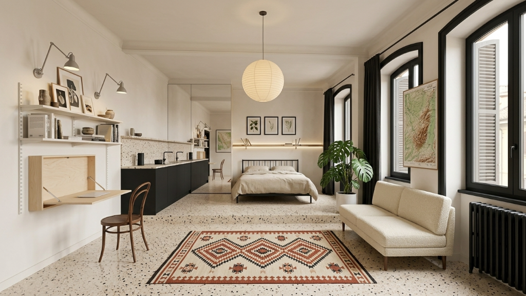 Mediterranean modern studio apartment with terrazzo floor, black galley kitchen, paper lantern pendant, bouclé sofa, and bed