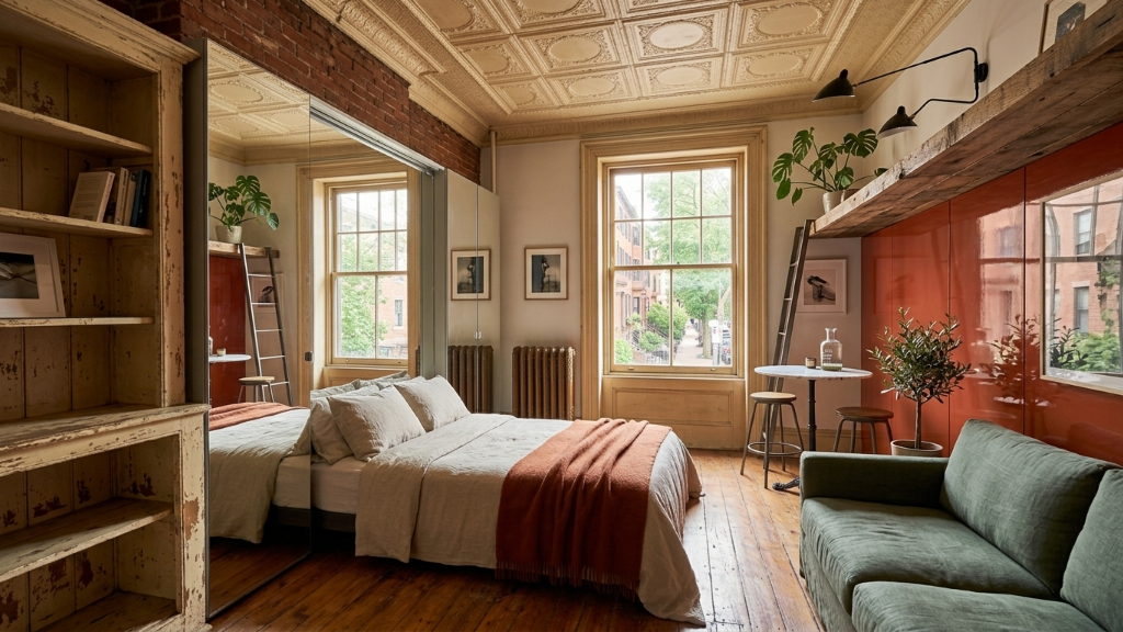 Warm brownstone studio with linen bed, oak shelving, sage sofa, coral accent wall, and pressed-tin ceiling