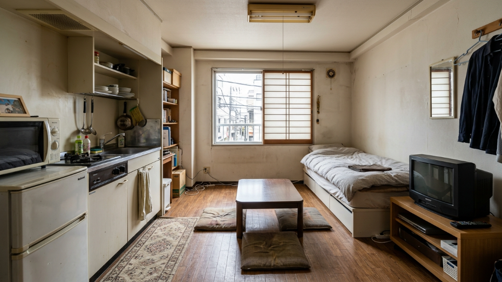 Cluttered Tokyo studio apartment with worn walls, dated TV, and futon mats