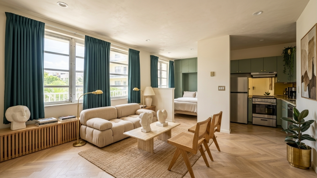 Refined collected studio with teal velvet drapes, bouclé sofa, herringbone floors, sage kitchen, and plaster busts
