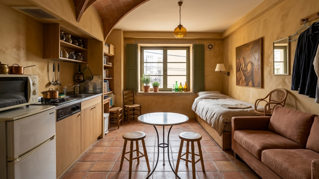 Warm Tuscan tavern studio with vaulted brick ceiling, ochre plaster walls, terracotta floor, and oak kitchenette