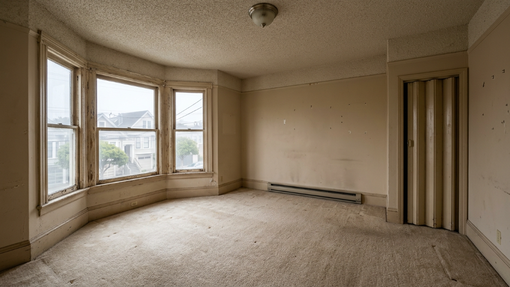Empty San Francisco Victorian studio with bay window, worn carpet, popcorn ceiling, and folding closet door