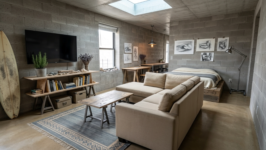 Coastal creative studio with cinder block walls, surfboard, reclaimed wood furniture, and art
