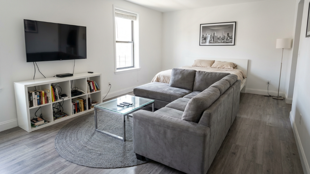 Sparse studio apartment with grey sectional, glass coffee table, and white IKEA bookshelf