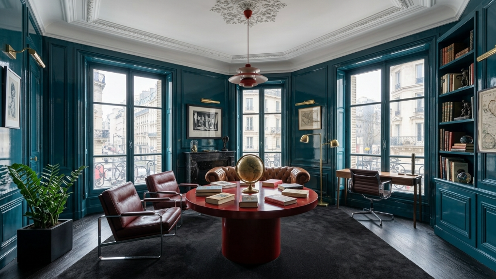 Bold teal-lacquered Parisian library with leather chairs and red table