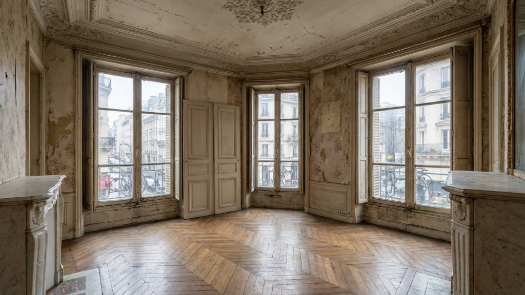 Empty Haussmann apartment with peeling walls and herringbone floors