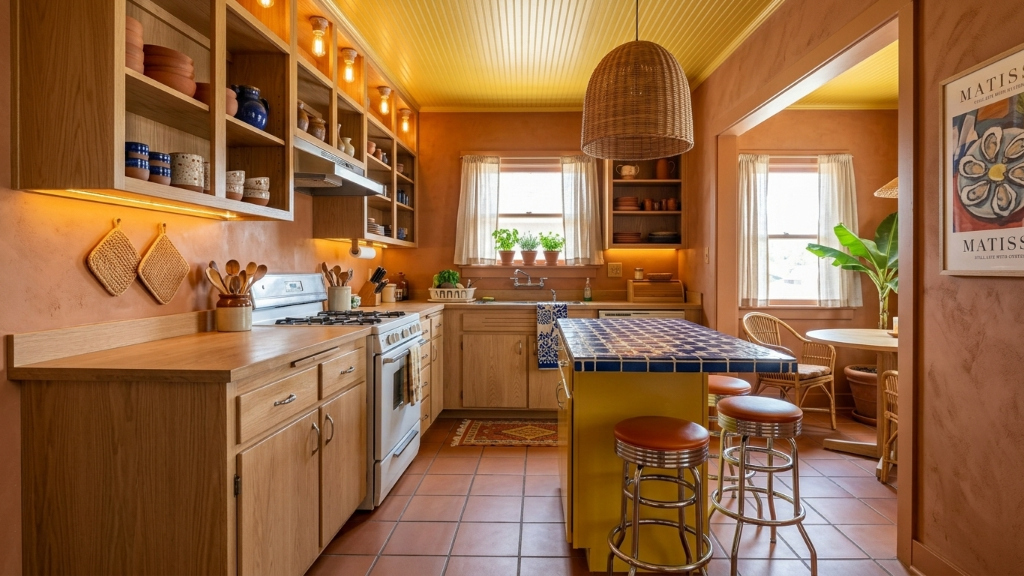 Warm Mediterranean kitchen with terracotta tiles and blue zellige island