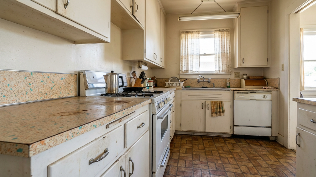 Dated galley kitchen with speckled countertops and worn parquet floor