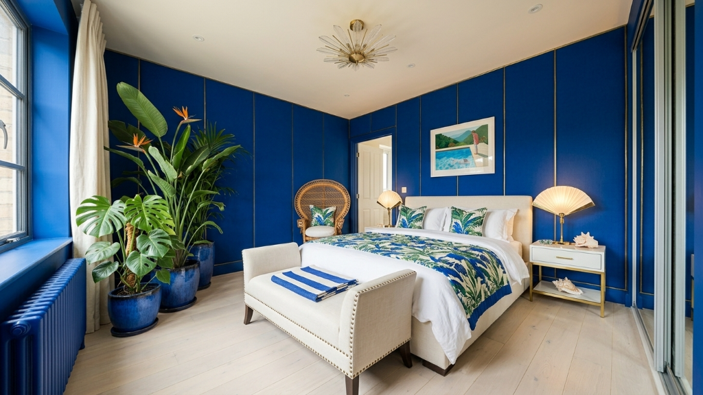 Vibrant tropical bedroom with cobalt blue walls and botanical accents