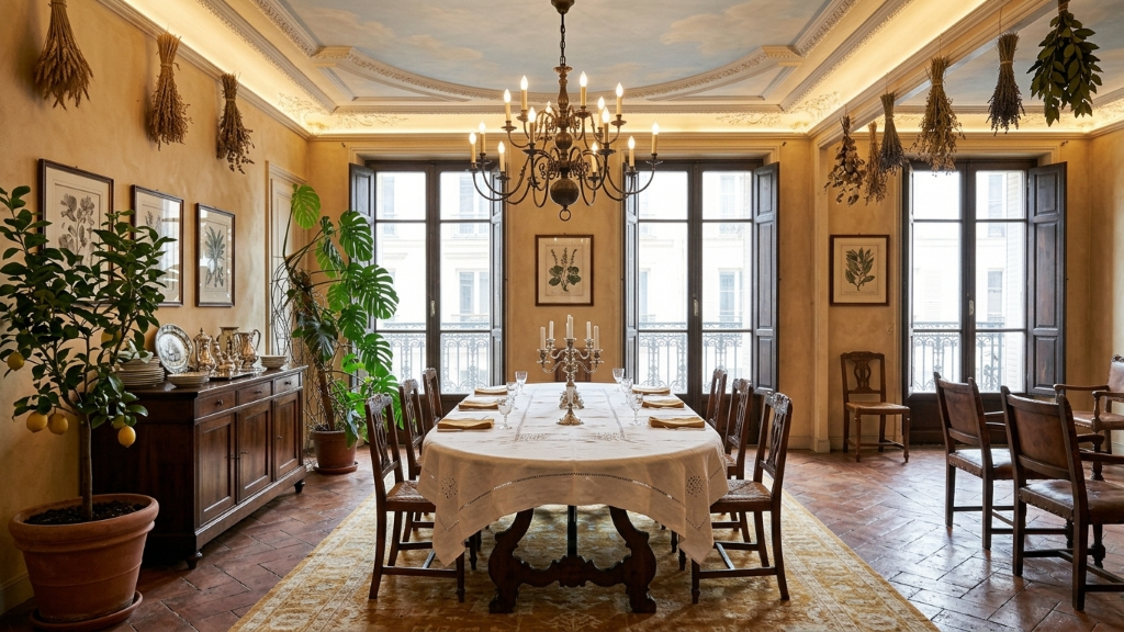 Warm Tuscan dining room with terracotta floors and botanical prints