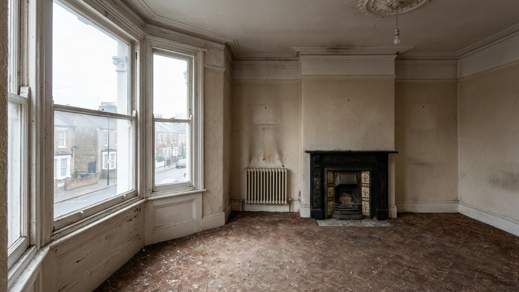 Empty Victorian room with bay window and cast iron fireplace
