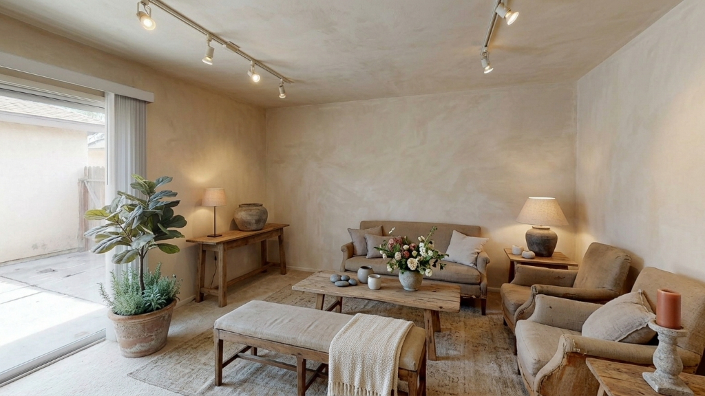 Warm rustic living room with plaster walls, linen furniture, and reclaimed wood pieces